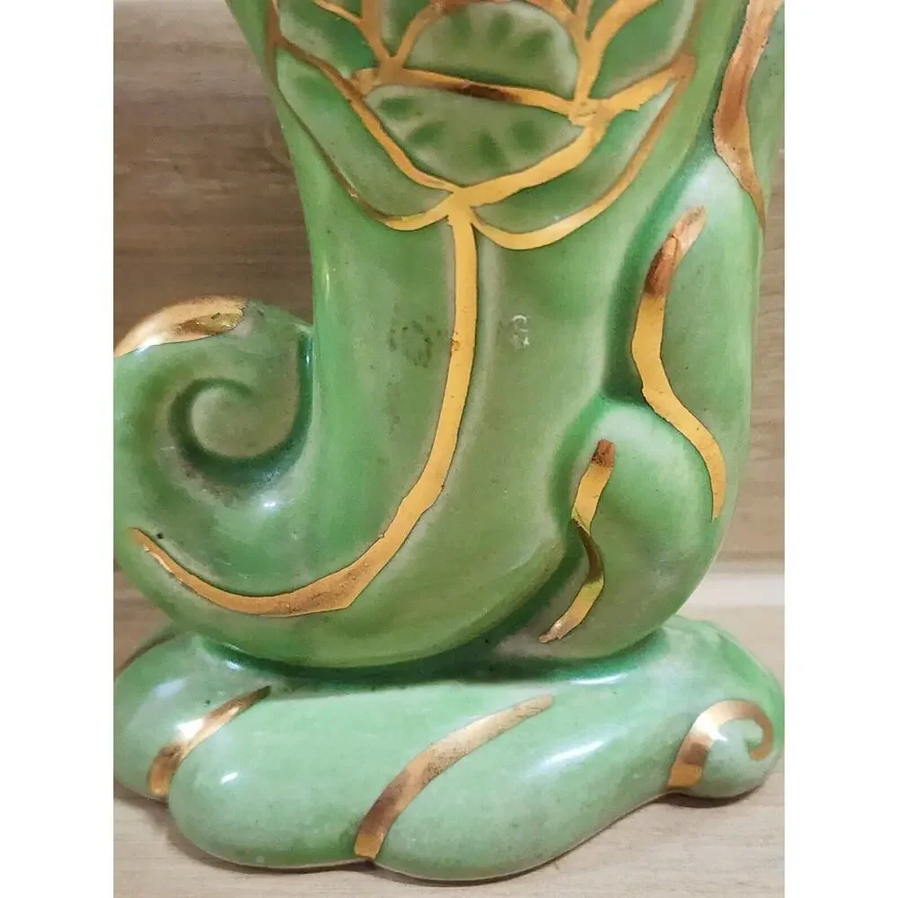 Apco American Bisque Green 22 Kt Gold Cornucopia Vase Hand Painted 4 3/4